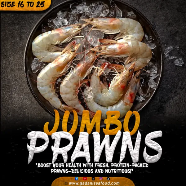 "Fresh prawns arranged on a bed of crushed ice with lemon wedges and parsley, highlighting their vibrant pinkish hue and premium quality, ideal for seafood lovers.